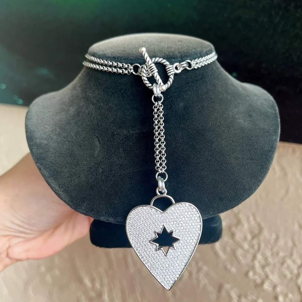 Clear cubic zirconia rhinestone cz heart silver lariat Y shape necklace - Picture 1 of 11